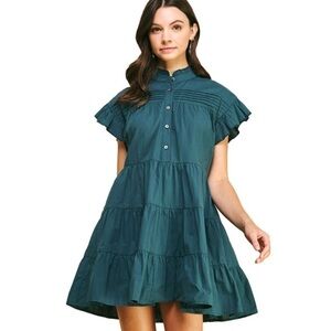 Pinch Collared Tiered Dress Teal - S